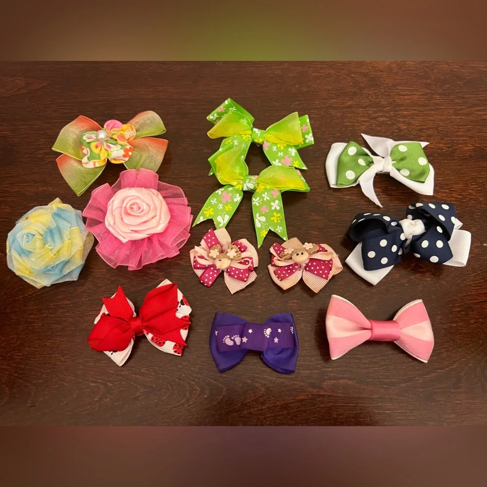 Vtg Handmade Hair Bows Lot Of 12 Assorted Shapes Prints Ribbon Alligator Clips